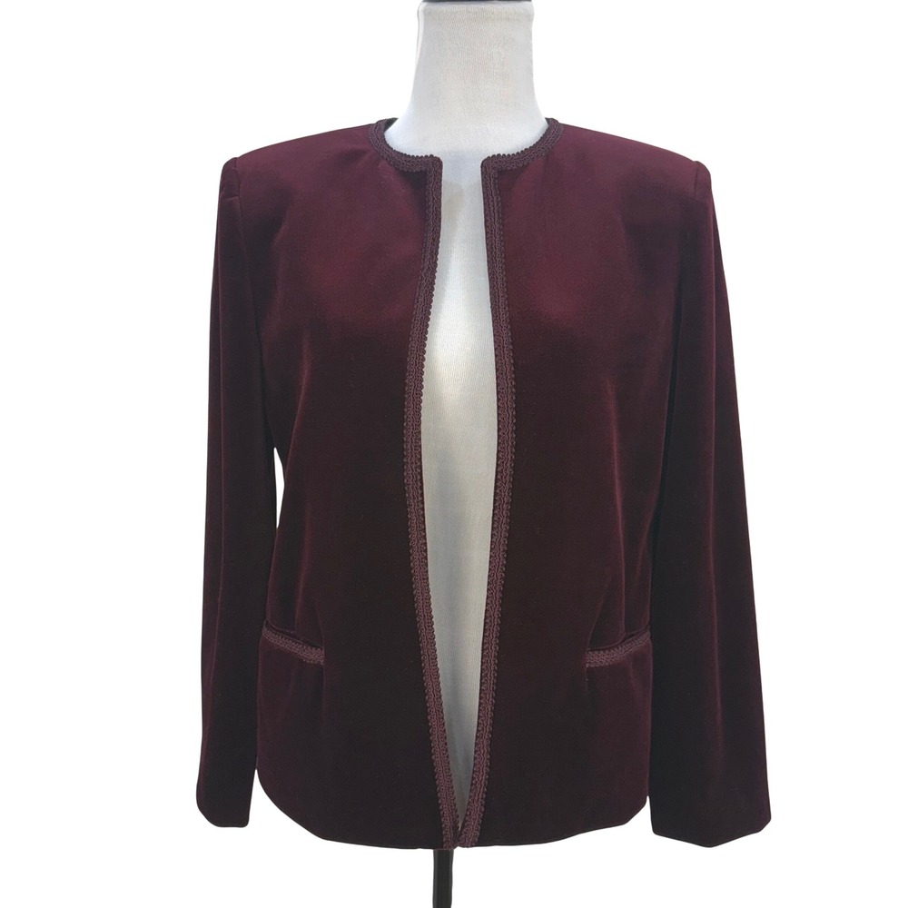 ACT III Vintage Burgundy Velvet Jewel Neck Blazer Jacket Trim Pockets Made USA